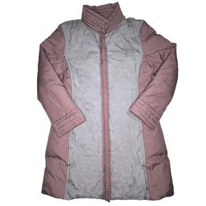 Via Spiga Puffer Coat Womens L Duck Down Mid Purple Embroidered Floral Winter